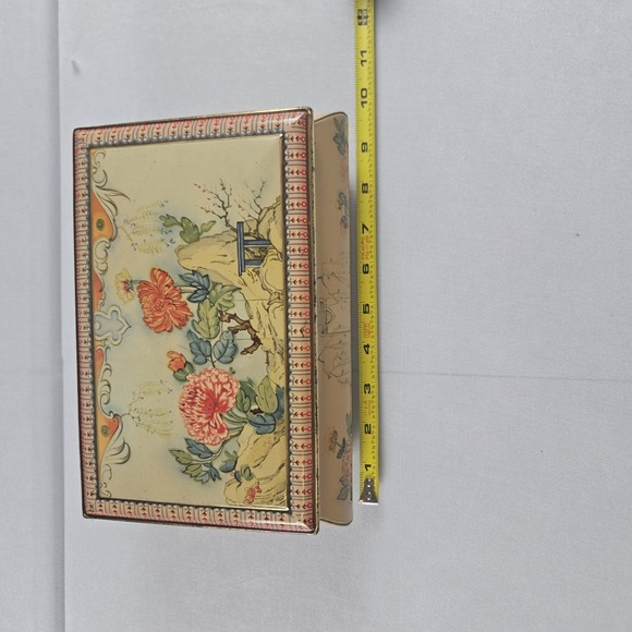 Vintage English Floral Tin Box Chinoiserie Garden Scene Hinged Metal Container - Picture 11 of 11